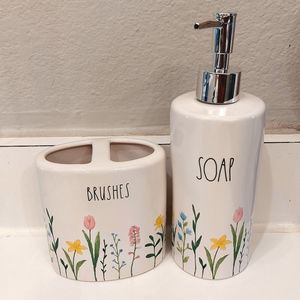 New Rae Dunn Soap dispenser/toothbrush bathroom set